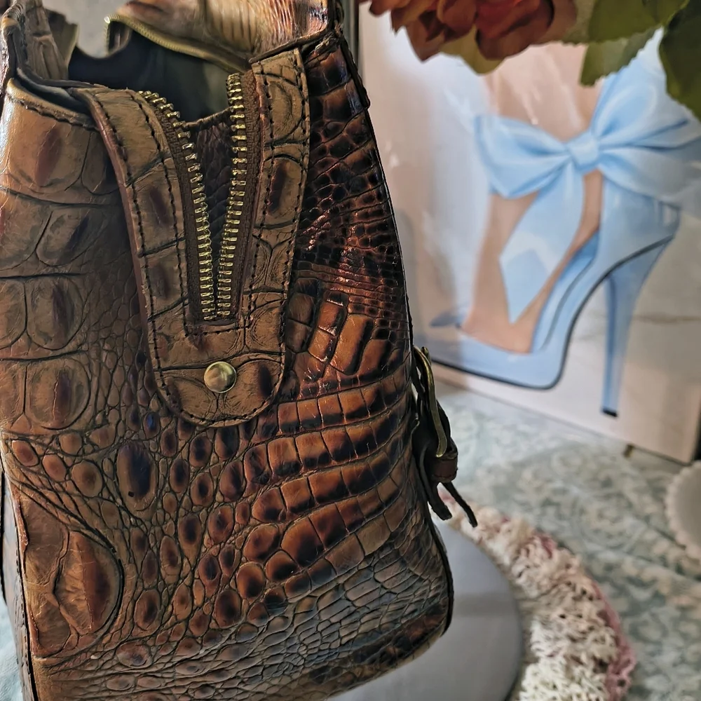 Brahmin Toasted Almond Collection Croc Embossed Leather Satchel Handbag